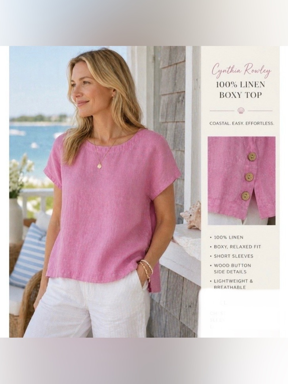 Cynthia Rowley 100% Linen Top Medium Pink Side Button Coastal Breathable